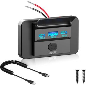Qidoe 12V USB Outlet with Power Switch, Dual 36W PD3.0 Type C & QC3.0 18W USB Panel Mount 12V Outlet with USB C Cable, Waterproof Car USB Socket Charger Adapter for Car RV ATV Truck Marine Golf Cart