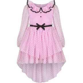 Sunny Fashion Girls Dress Pink Polka Dot Lace Ruffle Velvet Hi-lo Skirt Bubble Long Sleeve