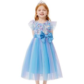 Girls Flower Dress Flutter Sleeve Rainbow Mesh Tulle Bowknot Princess Dress Up Party Wedding