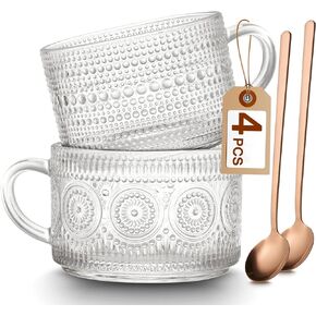 Mfacoy Vintage Coffee Mugs Set of 2, 14 oz Embossed Glass Cups with Handle, Clear Cups for Cappuccino, Latte, Cereal, Yogurt, Milk, Hot or Cold Beverages