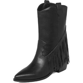 Women's Fringe Cowgirl Boots Chunky Mid Heels Pointed Toe Western Cowboy Tassel Boots