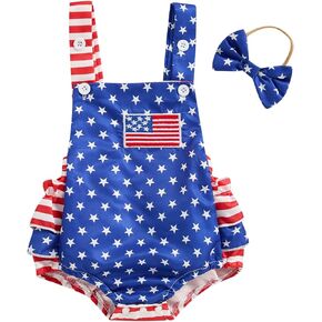 Newborn Baby Girl 4th of July Clothes American Flag Romper Star Sleeveless Overalls Jumpsuit Independence Day Outfit