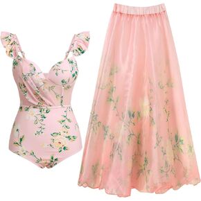 IMEKIS Women Floral Swimsuit with Maxi Beach Skirt Set Retro Swimwear Monokini Bikini Sets Summer Holiday Outfit
