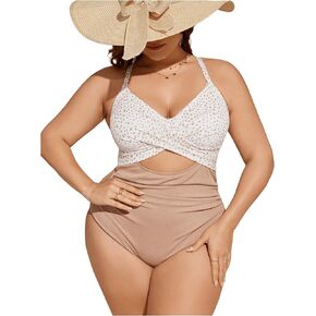 SweatyRocks Women's Plus Size Cut Out Polka Dots Print Bating Suit Criss Cross Tie Back One Piece Swimsuit