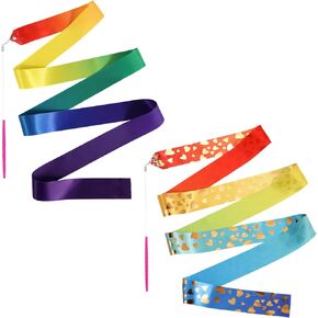 SAVITA 2pcs Dance Ribbon, Love Heart Patterns & Gradient Dance Ribbon Gymnastics Dance Ribbon Streamer with Stick 78.7in Long Rhythmic Gymnastics Ribbons for Kids Dancer