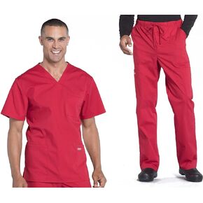 Men Scrubs Set Workwear Professionals WW695 V-Neck Top & WW190 Tapered Leg Fly Front Cargo Pant, Red- M Top/M Pant