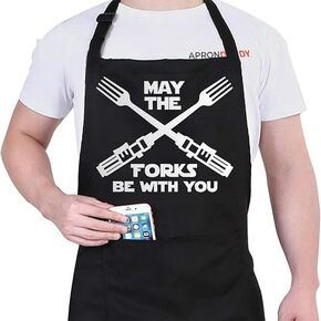 Funny Apron, May The Forks Be With You - Novelty Funny Cooking Apron for Movie Fans - Extra Large 1 Size Fits All - Poly/Cotton Apron with 2 Pockets - Star Gift for Cook, Husband,