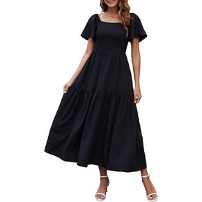 Lyrur Women’s Summer Maxi Dress Square Neck Ruffle Short Sleeve Smocked Tiered Casual Beach Sundress with Pockets