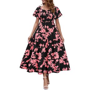 Lyrur Women’s Summer Maxi Dress Square Neck Ruffle Short Sleeve Smocked Tiered Casual Beach Sundress with Pockets
