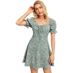 Verdusa Women's Floral Puff Short Sleeve Ruched A Line Dress V Neck Ruffle Mini Short Dresses