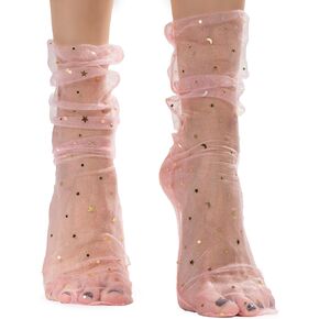 Pink Lace Bloom: Women Sheer Slouch Tulle Socks | Shiny Glitter Novelty Decorated Loose Socks with Stars & Moon - Ankle High 1 Pair (US sizes 5-8)
