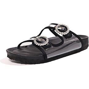 Women Slide Sandals with Soft Memory Foam and Adjustable Sparkle Buckles Open Toe Flat Womens Sandals Slip On Slippers for Summer