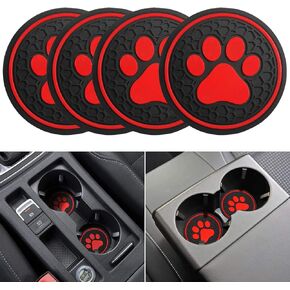 auovo 2.7 inch Auto Cup Holder Inserts Coasters Universal Fit Silicone Dog Paw Cup Mat Pad Coasters Car Interior Accessories (Red, 4-PCS Kit)