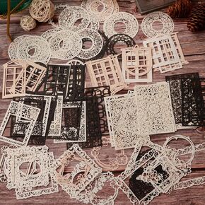 DREMISI 80Pcs Vintage Scrapbooking Supplies Lace Scrapbook Paper Scrapbook Cutouts Flower Frame Cutout White Black Decorative Paper Junk Journaling Supplies Aesthetic Stationery Craft Supplies, 4 Pack