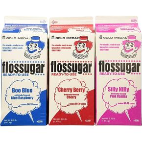 Cotton Candy Floss SugarBlue Raspberry, Pink Vanilla, & Cherry- 3.25 lbs Per Carton. Total 9.75lbs