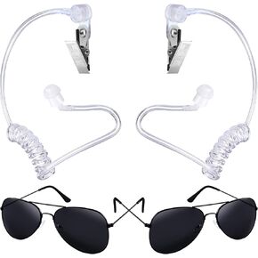 4 Pieces Secret Service Costume Cosplay Set Security Earpiece Earplugs Acoustic Tube Ring Bearer Headset and Sunglasses Ring Wedding Bearer Security (Black Glasses Frame)