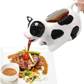 Ceramic Gravy Boat, 11oz White Gravy Boat, Milk Cow Sauce Jug with Smooth Handle - Perfect for Salad Dressing, Broth, Cream, Milk - Unique Artwork for Your Kitchen