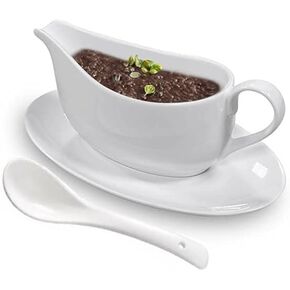 Gravy Boat With Ladle and Saucer 17 Oz,Ceramic Sauce Boat with Tray for Salad Dressings Milk,Warming Sauces,Creamer,Broth,Black Pepper,White (1 PCS New Gravy Boat With Ladle and Saucer)