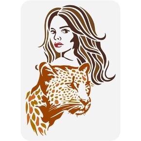 FINGERINSPIRE Woman and Leopard Painting Big Stencil 8.3x11.7" Beauty and The Beast Spraying Large Stencil Reusable Girl and Animal Template PET Hollow Out Decorative Template for Home Wall DIY
