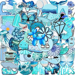Vinyl Blue Stickers for Teens, 53Pcs Cute Stickers for Water Bottle Laptop Computer Phone Skateboard, Decal for Teens and Adults (Blue)
