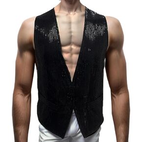 Men's Sparkling Sequin Vest V-Neck Slim Fit Waistcoat for Dancing Christmas Party Wedding Prom Events