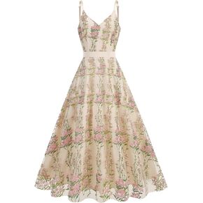 Women's Floral Embroidery Dress V Neck Mesh Vintage Cocktail Wedding Guest Gown Prom Evening Party Swing Dress