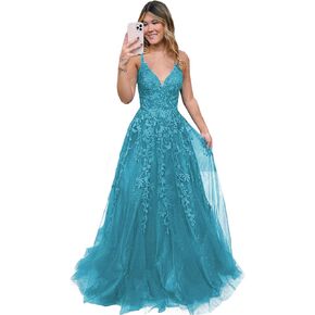 Women's V Neck Lace Long Prom Dresses 2024 Tulle Ball Gown Formal Evening Dress for Teens BI007