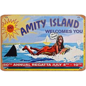 Amity Island Welcomes You Poster Tin Wall Sign Retro Iron Tin Sign Wall Poster Decor Funny Retro Bar Coffee Pub Gift Wall Decor Sign 8x12 Inch