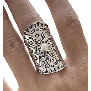 Sterling Silver Boho Wide Statement Ring with Oxidized Solar Star Mandala Pattern, Adjustable to sizes 6-11, Gypsy Tribal Hippie Symbolic Sun Ring, Gift for Her