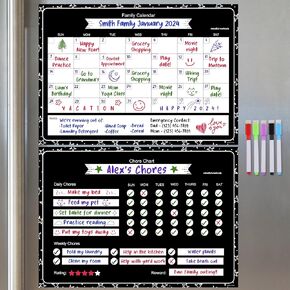 Magnetic Chore Chart for Kids and Family Calendar 2024 (2 Boards) with Five Eraser Cap Markers, Kids Calendar 2024, Magnetic Chore Chart for Refrigerator