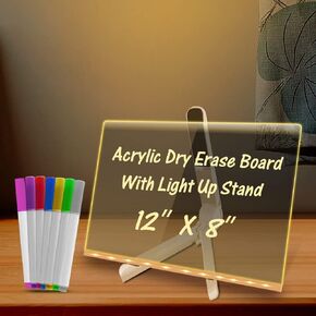12 x 8 inch Acrylic Dry Erase Board with Light - Led Light Up Acrylic Message Board- White Board with Stand for Home, Room, School, Office, 7 Color Pens