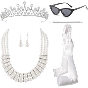 Mwfus 1920s Women 6 Pieces Hepburn Costume Accessories Vintage Pearl Necklace Earrings Crown Gloves Sunglasses