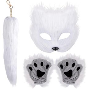 Furry Therian Mask Gloves Tail Set Halloween Cat Wolf Cosplay Costume Fur Fox Mask Cat Paw Gloves Xmas Party Accessories Kit