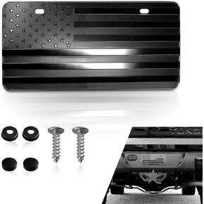1 PC Car License Plate Cover, Alloy 3D American Flag Design Embossed License Plate Frame with Mounting Screws, Modified Patriotic Decorative Accessories, Compatible with Car Models (Black)