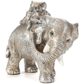 Good Luck Silver Elephant Statue Home Décor Elephant Carries Two Calves on Its Back Figurines Décor for Shelf Good Gifts for Elephant Lovers Decoration for Living Room, Bedroom, Office