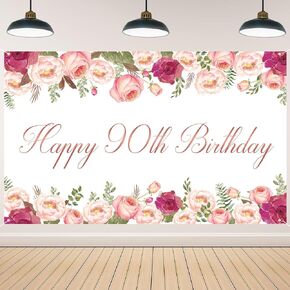 Vlipoeasn Elegant White Happy 90th Birthday Decorations for Women Rose Gold Flower Peony Photography Backdrop for 90th Birthday Party Surprise for Mother Cheers to 90 Years Old Birthday Party Supplies