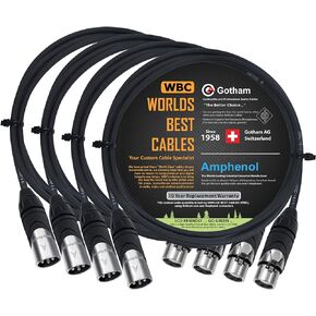 4 Units - 5 Foot - Gotham GAC-4/1 (Black) - Star Quad, Dual Shielded Balanced Male to Female Microphone Cables with Amphenol AX3M & AX3F Silver XLR Connectors - Custom Made by WORLDS BEST CABLES