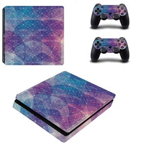 كامل الجسم الفينيل الجلد ملصق غطاء لاصق لامع لوحدة التحكم PS4 سليم و 2 قطعة تحكم الأزرق والأرجواني شبكة هندسية ودائرية in Kuwait