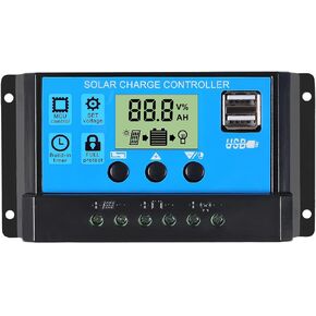 30A Solar Charge Controller 12V/ 24V Solar Panel Charge Controller Intelligent Regulator with 5V Dual USB Port Display Adjustable Parameter LCD Display and Timer Setting ON/Off Hours (1)