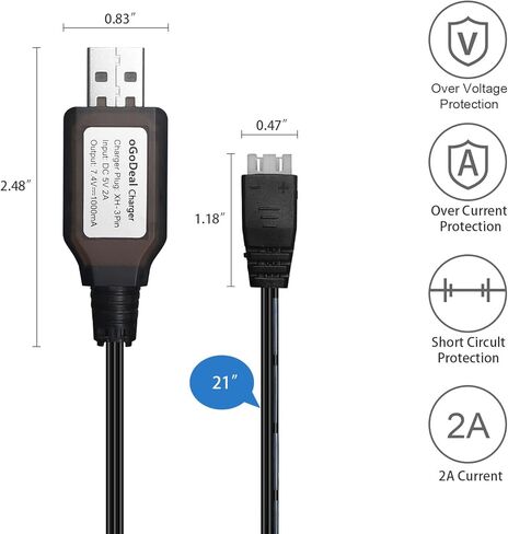 oGoDeal 2 قطعة 2 ثانية 7.4 فولت كابل شاحن USB لبطارية ليبو شحن سريع مع قابس موصل XH-3P لسيارة RC بدون طيار وقارب RC والشاحنات وطائرات الهليكوبتر الرباعية وما إلى ذلك in Kuwait