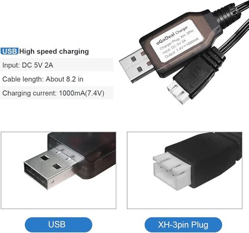 oGoDeal 2 قطعة 2 ثانية 7.4 فولت كابل شاحن USB لبطارية ليبو شحن سريع مع قابس موصل XH-3P لسيارة RC بدون طيار وقارب RC والشاحنات وطائرات الهليكوبتر الرباعية وما إلى ذلك in Kuwait
