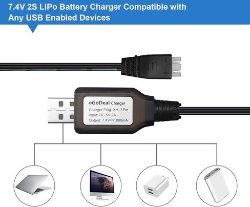 oGoDeal 2 قطعة 2 ثانية 7.4 فولت كابل شاحن USB لبطارية ليبو شحن سريع مع قابس موصل XH-3P لسيارة RC بدون طيار وقارب RC والشاحنات وطائرات الهليكوبتر الرباعية وما إلى ذلك in Kuwait