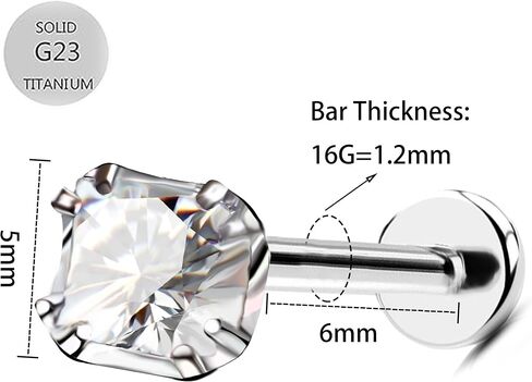 Square CZ Conch Piercing Jewelry 16G G23 Titanium Helix Earrings Shinny Blue Clear CZ Cartilage Stud Internally Threaded Labret Lip Piercings Tragus Jewelry in Saudi Arabia