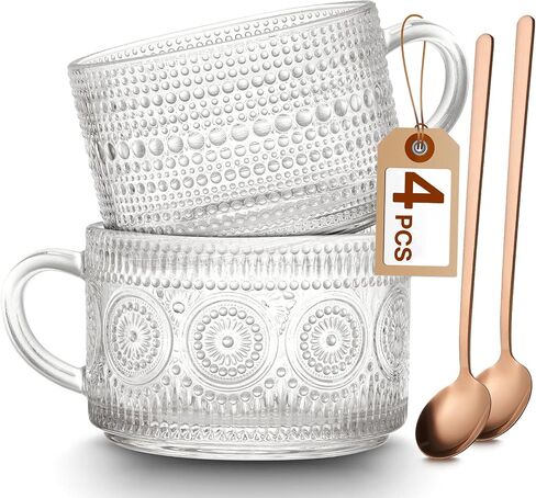 Mfacoy Vintage Coffee Mugs Set of 2, 14 oz Embossed Glass Cups with Handle, Clear Cups for Cappuccino, Latte, Cereal, Yogurt, Milk, Hot or Cold Beverages in Kuwait