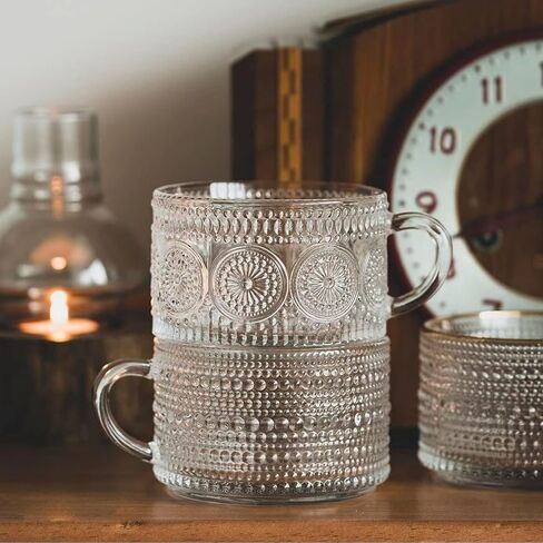 Mfacoy Vintage Coffee Mugs Set of 2, 14 oz Embossed Glass Cups with Handle, Clear Cups for Cappuccino, Latte, Cereal, Yogurt, Milk, Hot or Cold Beverages in Kuwait