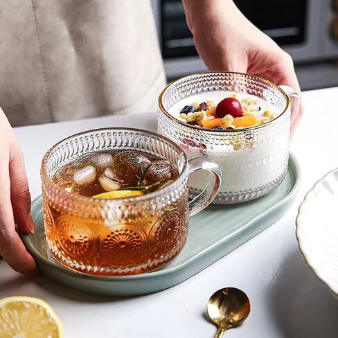 Mfacoy Vintage Coffee Mugs Set of 2, 14 oz Embossed Glass Cups with Handle, Clear Cups for Cappuccino, Latte, Cereal, Yogurt, Milk, Hot or Cold Beverages in Kuwait