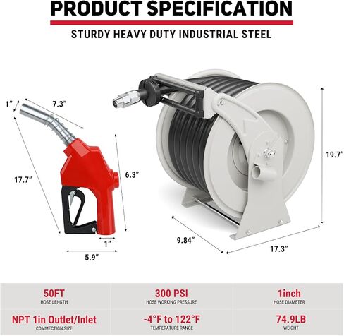Retractable Fuel Hose Reel, 3/4" x 33FT Diesel Hose with Fueling Nozzle, 300 PSI Auto Rewind Swivel Reel for Fuel Tank, Truck, Trailer, Farm and Marine Equipment, Silver in Saudi Arabia