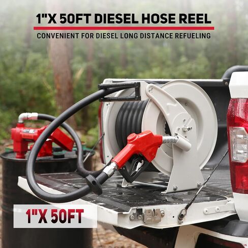 Retractable Fuel Hose Reel, 3/4" x 33FT Diesel Hose with Fueling Nozzle, 300 PSI Auto Rewind Swivel Reel for Fuel Tank, Truck, Trailer, Farm and Marine Equipment, Silver in Saudi Arabia
