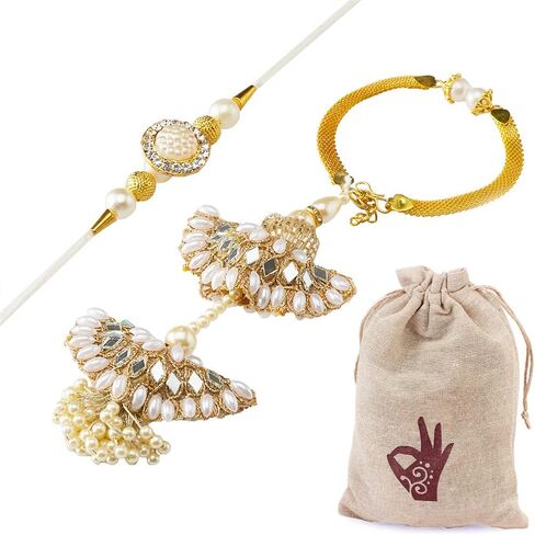 HATHKAAM Rakhi Lumba Set 1 Pc Rakhi for Brother 1 Pc Lumba Rakhi Set for Bhabhi | Rakhi Bracelet Handmade by Women Artisans Sister Love Rakhi Lumba | Made with Fine Threads Kundan Multi Coloured Beads in Saudi Arabia