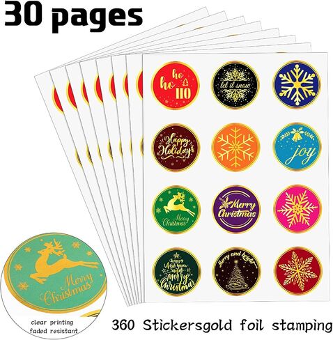 360 Pieces Merry Christmas Stickers, 2 inch Gold Color Snowflake Stickers Tags Joy Deer Adhesive Labels Xmas Cards Gift Envelopes Seals Boxes Decorative Stickers for Christmas Holidays Party Supplies in Saudi Arabia
